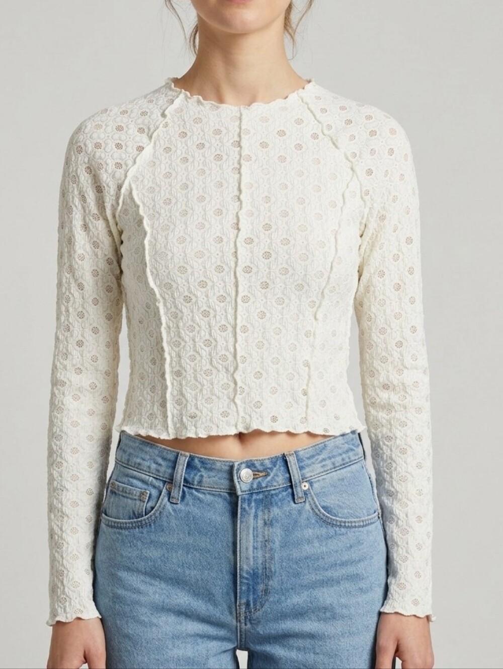 Atelier By Kirious Cream Eyelet Long-Sleeve Lace Top